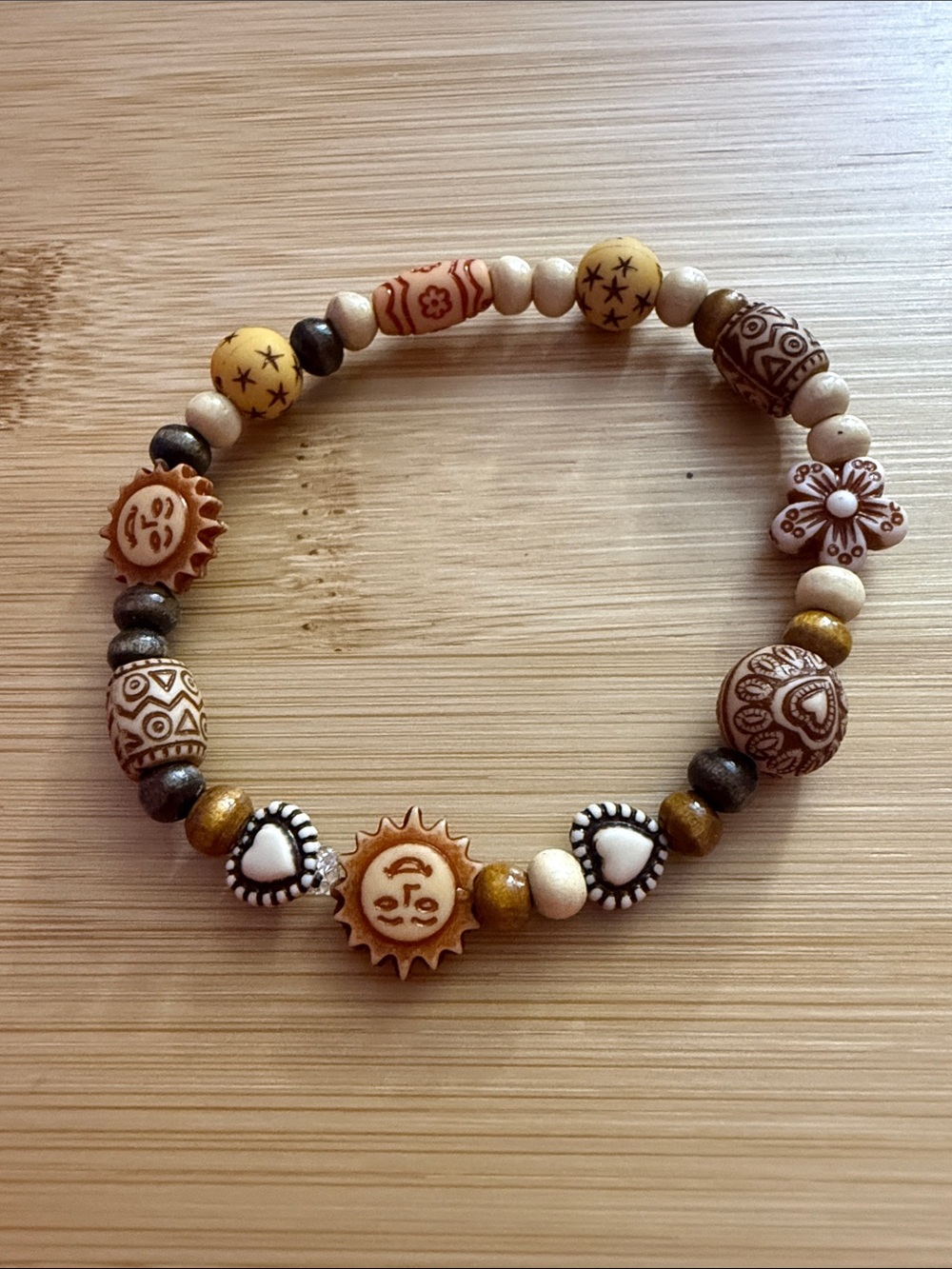 ‼️2/$10‼️ Boho Sun & Heart Stretch Bracelet in Yellow, Brown & Cream